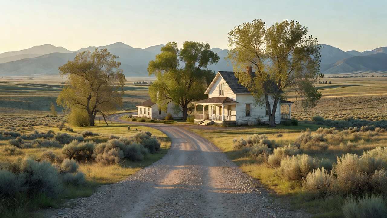 A white farmhouse homestead on the Wyoming prairie at golden hour — cottonwoods beside the drive, mountains on the horizon
