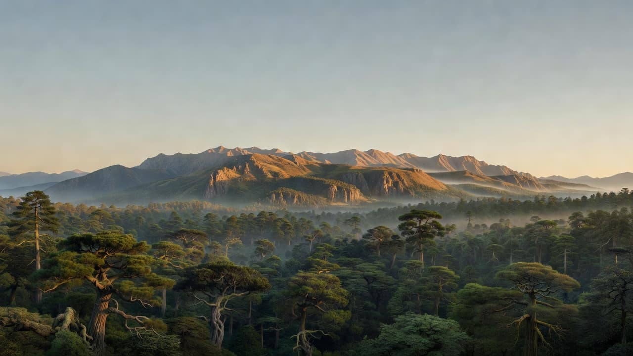 The land at golden dusk — forest, mist, and open sky