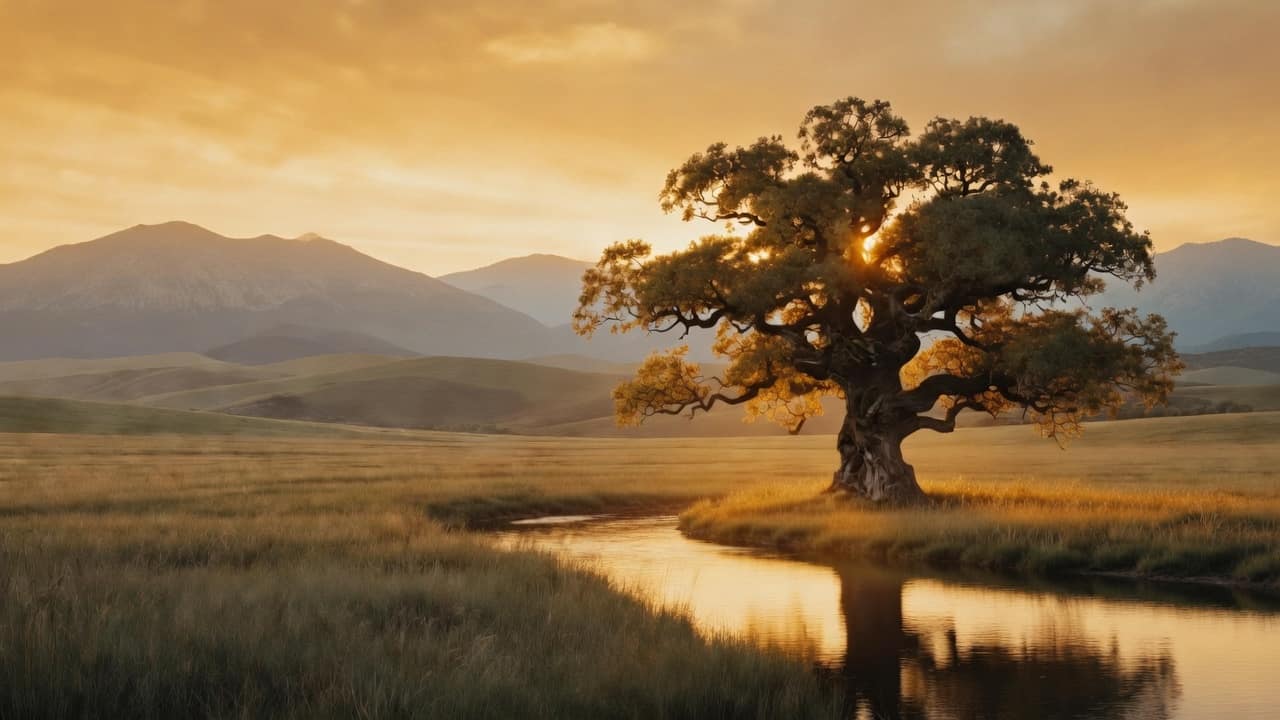 A large rooted tree beside a calm river in a wide open spacious field with a mountainous backdrop