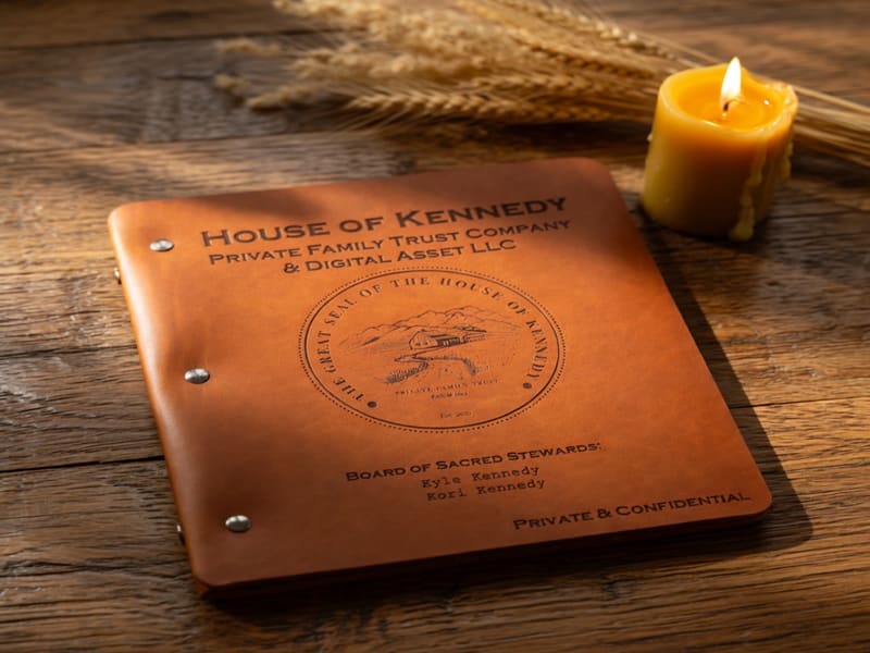 A tan leather trust folio embossed with a circular seal, resting on an aged oak table in warm golden light beside a lit candle.