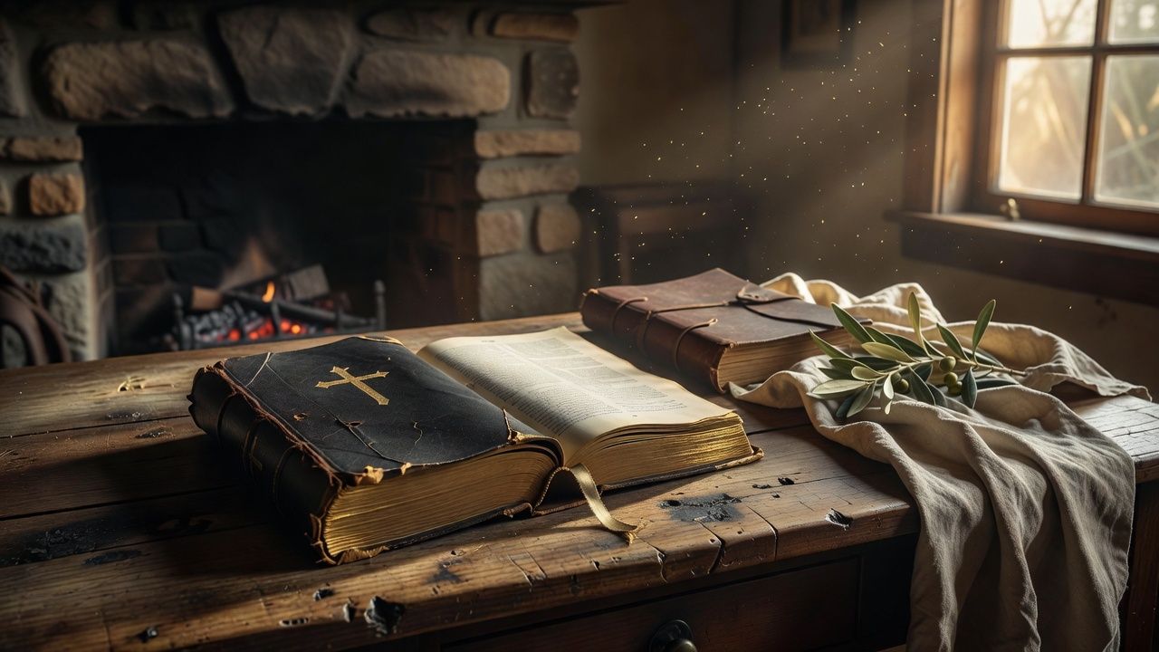 An open old family Bible with gilded page edges and a ribbon marker beside a strapped leather folio on a worn oak farmhouse desk, a stone fireplace glowing behind.