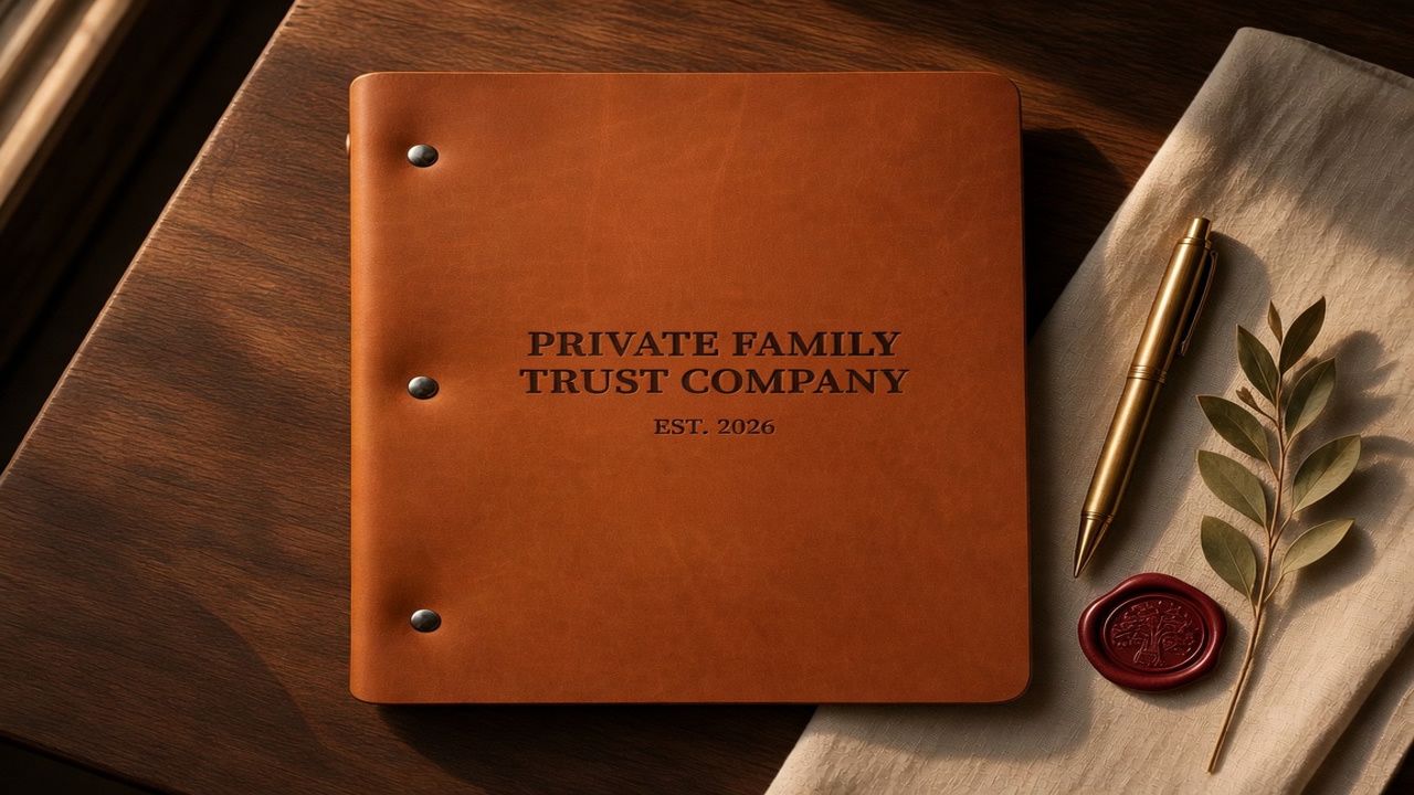 A hand-bound tan leather folio embossed Private Family Trust Company, resting on a dark walnut table in warm light, with a wax seal stamp, a brass pen and a leafy branch beside it.
