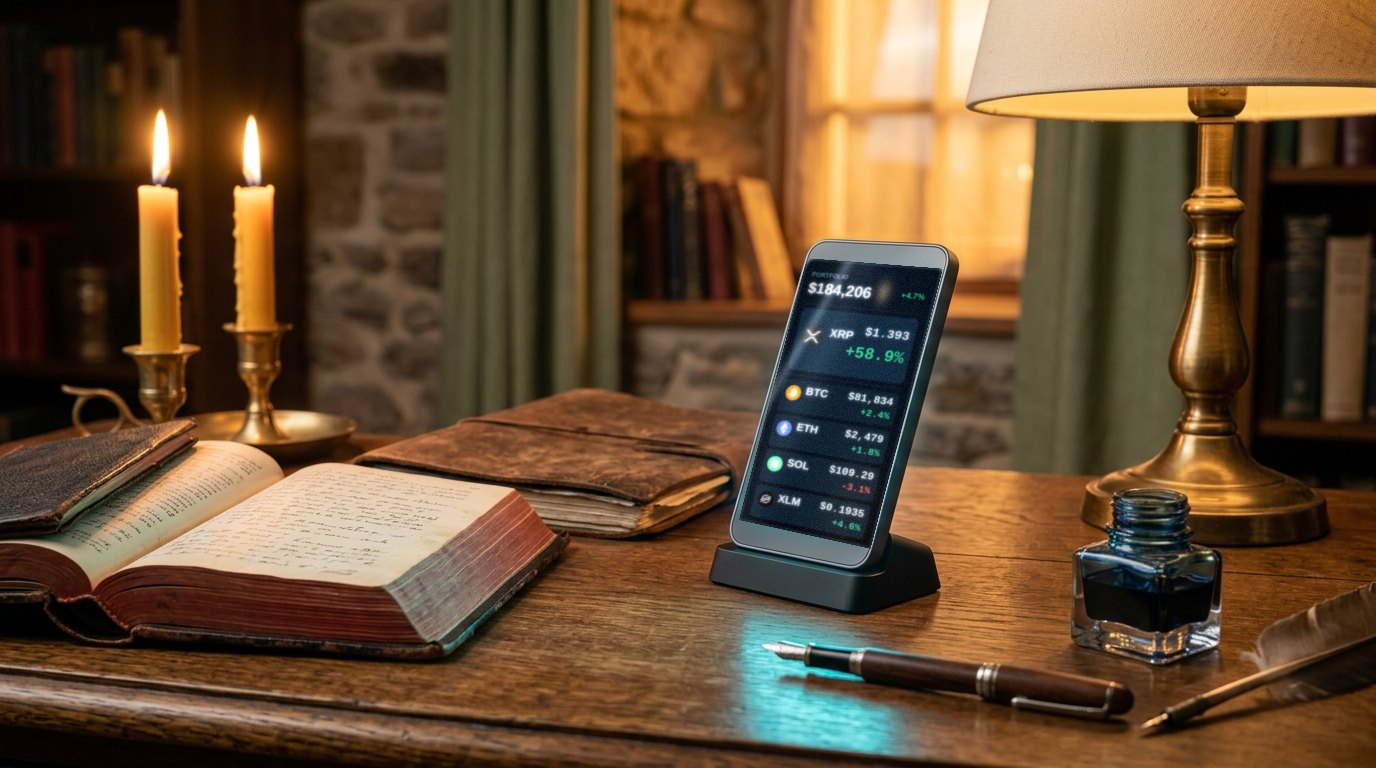 A warm still life on a polished wooden desk in a dim, book-lined study: an open antiquarian book with yellowed pages and a closed dark leather volume under two lit candles in brass holders at left; a small smartphone upright on a stand, its screen glowing, at centre; a brass lamp, a glass inkwell and a pen at right, all in amber lamplight against the screen's cool glow.