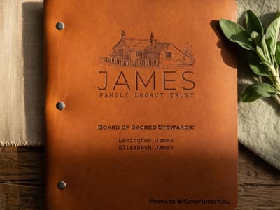 James Family Legacy Trust folio — warm caramel leather embossed with a rustic house