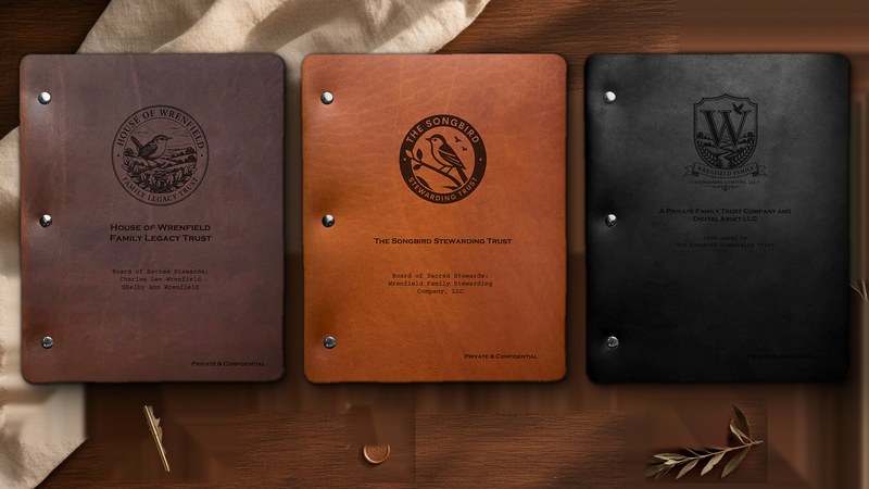 Three House of Wrenfield folios in a row — deep chocolate brown, cognac brown and matte black leather, each embossed with its own seal.